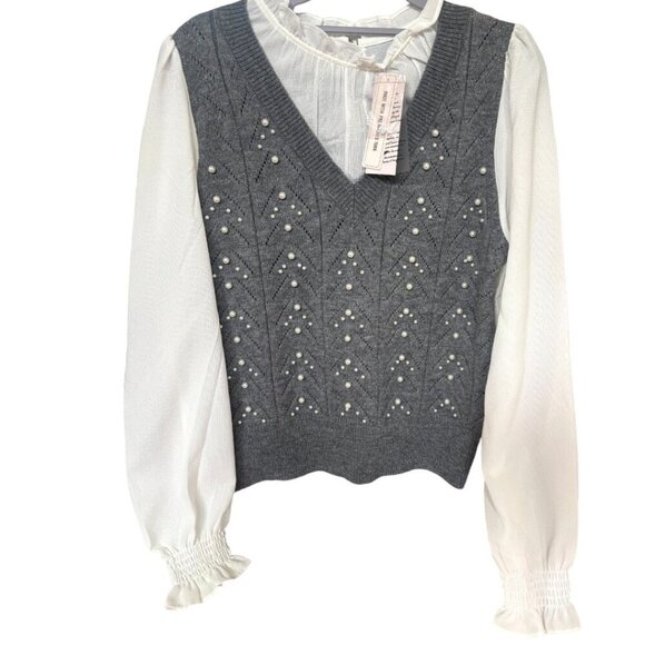 Nanette Lepore PEARL EMBELLISHED RUFFLE COQUETTE STYLE SWEATER TOP SMALL NWT - Picture 3 of 6